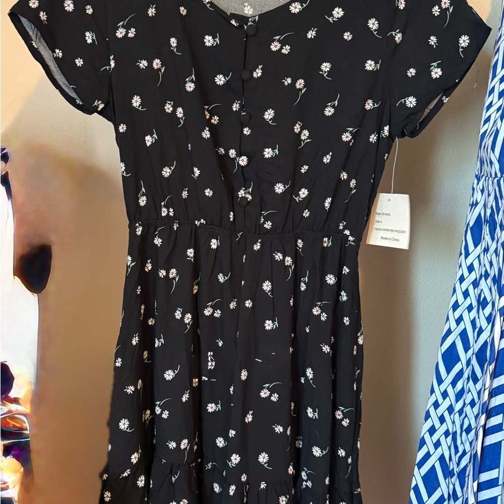 Passport Black Mini Dress with White Daisy Print